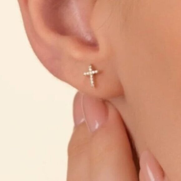Dainty Cross Stud Earrings Pave CZ "Diamonds" Cross Studs Faith Jewelry Gift - Picture 2 of 12
